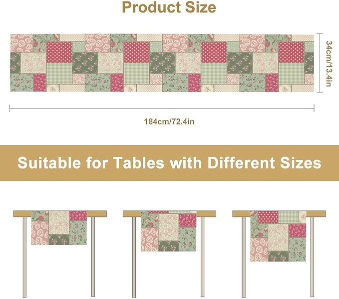 Patchwork Flowers Table Runner, Boho Plaid Floral Retro Romantic Rose Plants Table Runner for Dining Coffee Party Holiday Farmhouse 13x70in