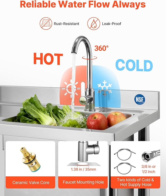 VEVOR Stainless Steel Utility Sink, Free Standing Single Bowl Commercial Kitchen Sink with Faucet, Utility Left Basin Workbench with Hot & Cold Water Pipe for Garage Restaurant Laundry, 47x19.7x37 in