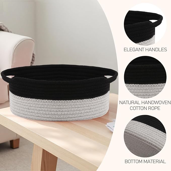 Woven Basket,Small Rope Storage Bin with Handles & Ribbon Bag, Organizer for Shelves Closets,Gift Basket Empty for Birthday,Books,Dog Toys, Black&Grey/2 Pack