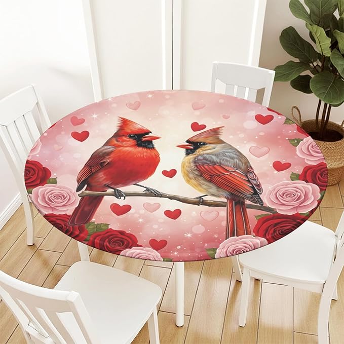 Valentines Day Round Fitted Tablecloth with Elastic Cardinal Bird Heart Circle Table Cloth for 40-44" Tables Wipeable Waterproof Washable Valentine Red Birds Table Cover for Picnic Dining Party Decor