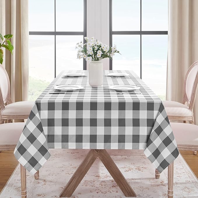 Softalker Gingham Checkered Tablecloth Rectangle - Outdoor Waterproof Buffalo Plaid Table Cloth, Stain Resistant Washable Table Cover for Picnic, Camping, Dining - Grey and White, 60 x 102 Inch