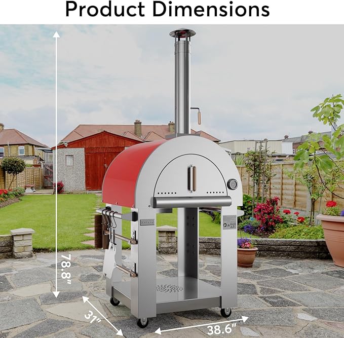 Empava Pizza Oven with Open Shelf and Wheels for Outdoor Kitchen, Wood Fire for Grill & Camping Backyard Party in Stainless Steel, 38.6Inch, Italian Red