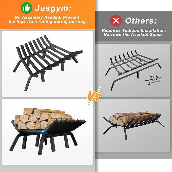 Fireplace Grate 24 Inch with 8 Support Legs, Solid Steel Heavy Duty Fireplace Log Holder with Fire Log Tongs & Fire Poker, Fireplace Log Grate for Indoor Fireplace and Outdoor In-ground Firepit