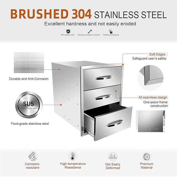 Flush Mount Stainless Steel Double Drawers with Recessed Handles for Outdoor Kitchens Or BBQ Island,-18W X 24H X 23D Inch