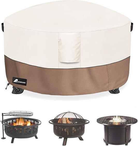 Fire Pit Cover Round 32 Inch Waterproof,Outdoor Heavy Duty Durable 600D Tear-Resistant Fire Pit Table Cover,Patio Round Firepit Cover 32" D x 16" H, Beige
