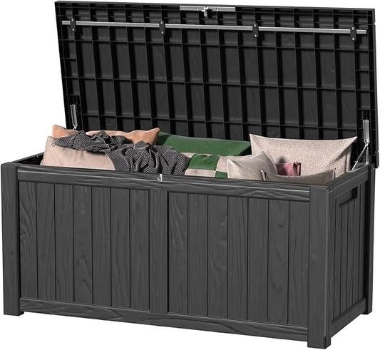 150 Gallon Deck Box,Resin Outdoor Storage Box with Lockable for Patio Furniture, Pool Tools, Garden Tools Waterproof Outside Storage Box, Black
