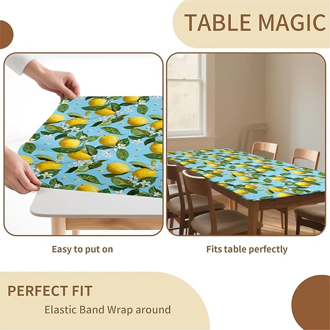 Rectangle Table Cloth Cover Waterproof Elastic Fitted Polyester Fitted Tablecloths for 8 Foot Tables for Indoor,Picnic, Camping, Outdoor （96" x 30"，Lemon）