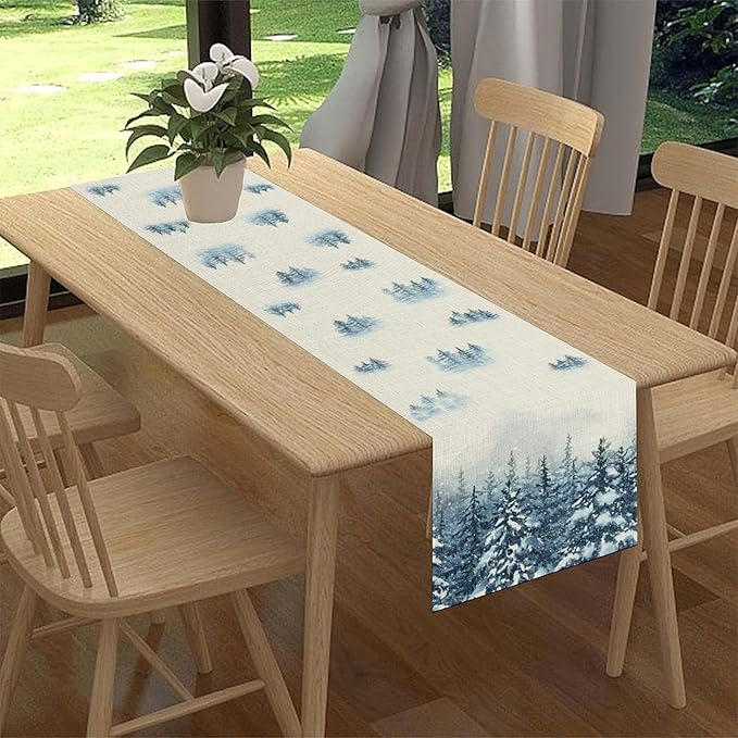 Forest Table Runner, Rustic Farmhouse Mountains Birds Pine Tree Woodland Jungle Cottage Country Coffee Table Center Decor for Home Kitchen Dining Patio Holiday Party Table Decorations, 13"x72" Inch