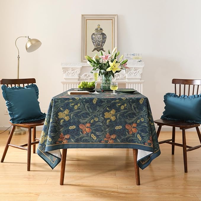 patdrea Designer Vintage Dark Blue Linen Rectangle Tablecloth,French Rustic Floral Pattern Tablecloths,Decorative Table Cover Cloth for Kitchen,Dining,Tea Party,Home,Christmas,67"*118"
