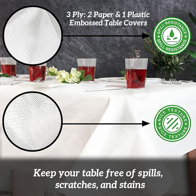 PARTY BARGAINS 40 Disposable Table Covers - 54" X 108", 3 Ply Paper & Plastic White Table Cover