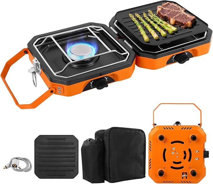 2 Burner Propane Camping Stove With Grill,Portable Foldable Camp Stove With 17000BTU, Two Piezo Ignition Adjustable Windproof Burners forCamping, Grilling, Tailgating, & More (Orange)