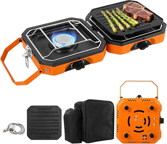 2 Burner Propane Camping Stove With Grill,Portable Foldable Camp Stove With 17000BTU, Two Piezo Ignition Adjustable Windproof Burners forCamping, Grilling, Tailgating, & More (Orange)