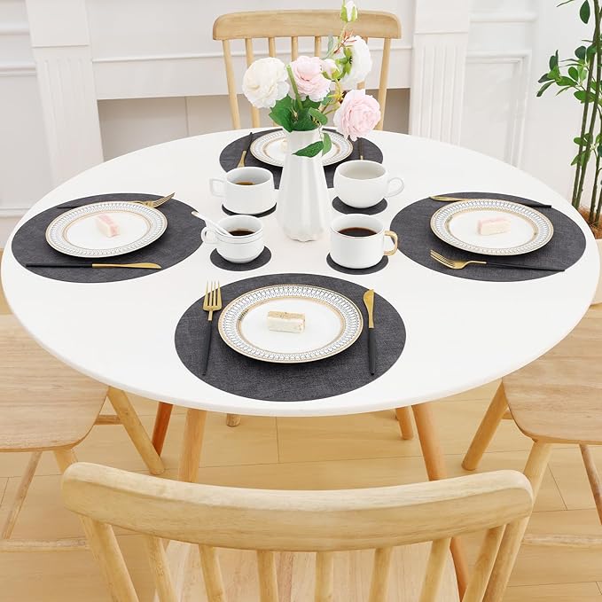 Homaxy Round Faux Leather Placemats and Coasters, Washable Dual-Side Table Mats, Wipeable Heat-Resistant Dining Place Mats for Outdoor and Indoor, Set of 8, Diameter 13 and 3.93 inch, Dark Grey