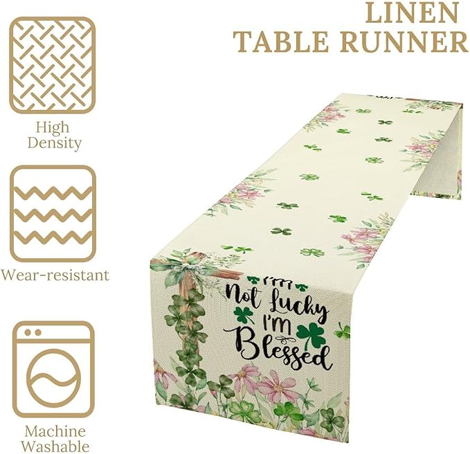 Cross Clover Table Runner,Rustic Beige Pink Floral Green Shamrock St.Patrick's Day Table Center Decor for Home Kitchen Dining Patio Holiday Party Indoor Decorations, 13"x36"