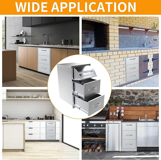 Outdoor Kitchen Drawers, Box Frame Style Flush Mount BBQ Drawer w/Stainless Steel Handle, BBQ Island Drawers For Patio Grill Station,Three Drawers