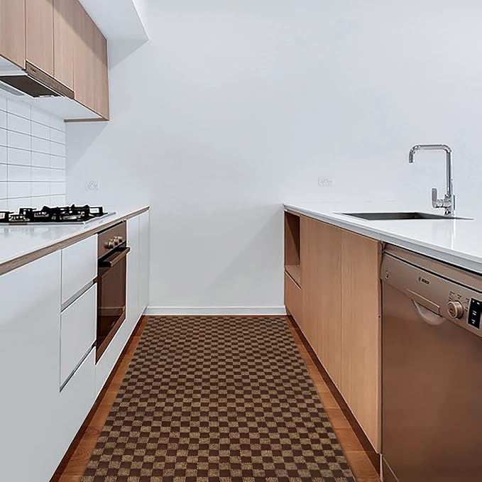2' x 26' Runner Rugs with Rubber Backing, Indoor Outdoor Utility Carpet Runner Rugs, Checkered Brown, Can Be Used as Aisle for The RV and Boat, Laundry Room and Balcony
