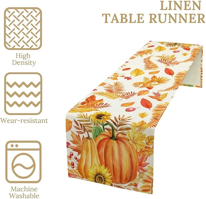 Fall Pumpkin Table Runner, Rustic Autumn Harvest Thanksgiving Sunflower Leaves Table Runner for Kitchen Dining Table Decoration Party Holiday, 13x90inch