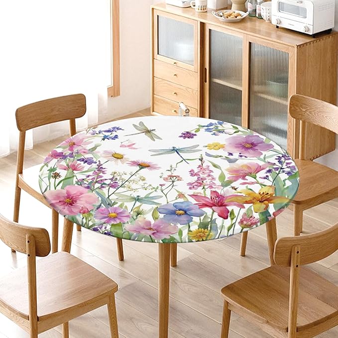 Spring Summer Floral Round Fitted Tablecloth with Elastic Wildflower Dragonfly Circle Table Cloth for 40-44" Tables Farmhouse Easter Flowers Stretch Waterproof Table Cover for Picnic Outdoor Dining