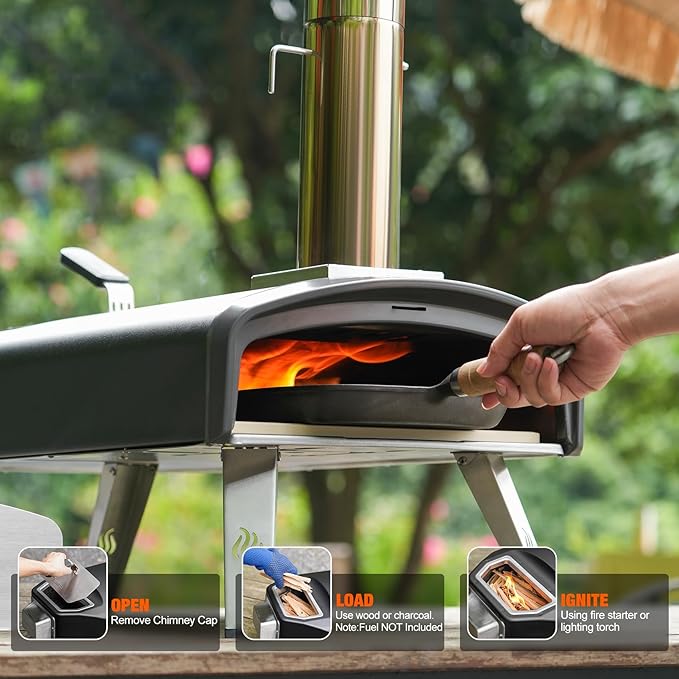 Mimiuo Outdoor Pizza Oven 12“ Wood Charcoal Fired Pizza Oven with Square Pizza Stone, Portable Pizza Stove for Outside Backyard Camping Picnics