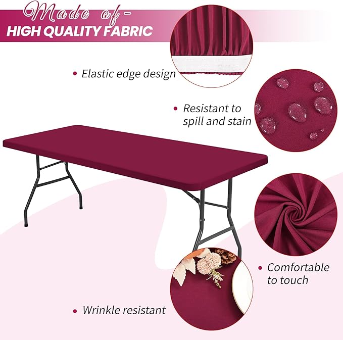 10 Pack Stretch Fabric Table Top Cap Cover, Wine Red Table Covers fits 8Ft Tables, Washable Elastic Universal Rectangle Tablecloth Protector for Indoor Outdoor Party Picnic Wedding (30" W x 96" L)