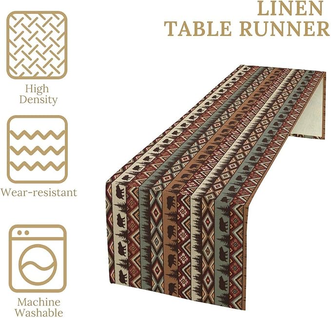 Rustic Bear Table Runner, Cabin Wild Animal Deer Moose Pine Tree Aztec Native Western Farmhouse Hunting Camping Table Runner for Kitchen Dining Home Party 13x90in
