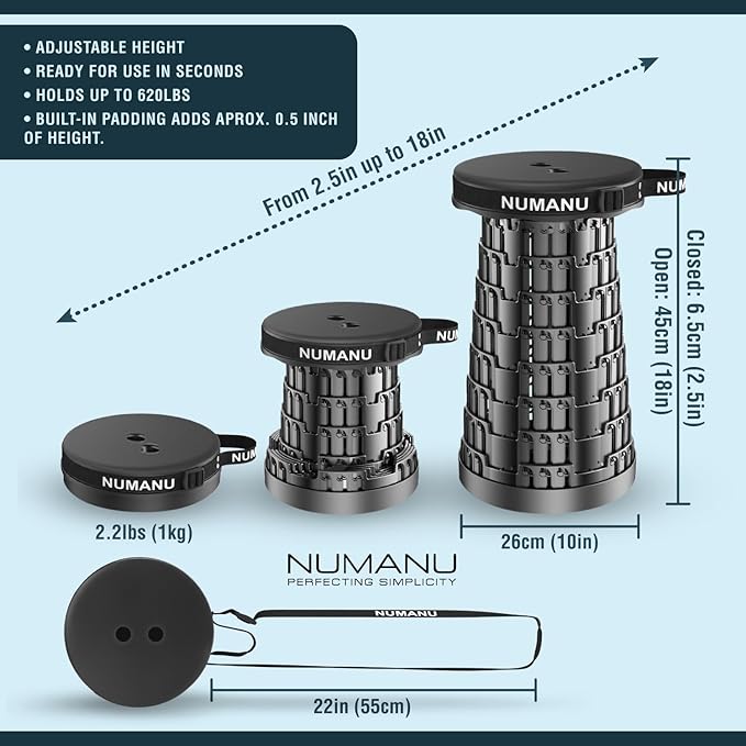 NUMANU 2PK 2025 Upgraded Padded Collapsible Stool, Max 620lb 18" Adjustable Portable Folding Stool for Adults, Retractable Foldable Telescopic Seat Camping Chair or Footrest (2PK Padded + Accessories)