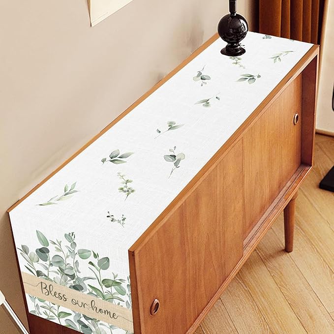 Farmhouse Table Runner, Green Eucalyptus Spring Summer Seasonal Plants Rustic Country Cafe Coffee Table Center Decor for Home Kitchen Dining Patio Indoor Outdoor Table Decorations, 13"x36" Inch