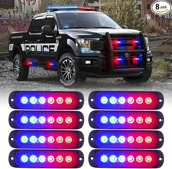 Xprite 8PCS LED Emergency Strobe Lights, Red Blue 12-LED Surface Mount Flashing Strobe Lights, Sync Feature Ultra Slim Grill Light for Volunteer Trucks ATV SUV Vehicles