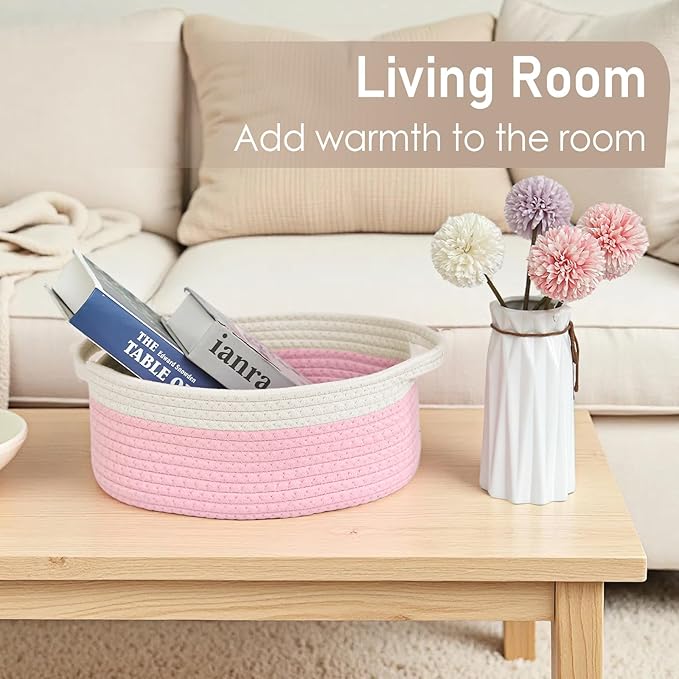 Woven Basket,Small Rope Storage Bin with Handles & Ribbon Bag, Organizer for Shelves Closets,Gift Basket Empty for Birthday,Books,Dog Toys, White&Pink/3 Pack