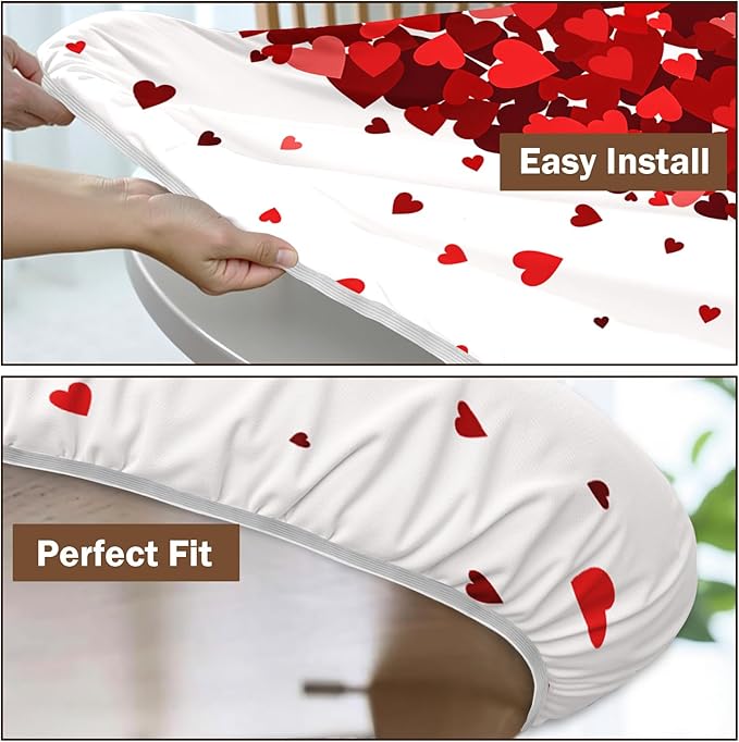 Valentines Day Round Fitted Tablecloth with Elastic Red Love Heart Circle Table Cloth for 40-44" Tables Wipeable Waterproof Washable Valentine Decorative Table Cover for Picnic Dining Party Decor
