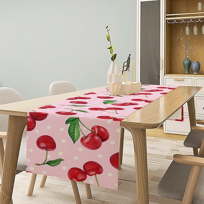 Red Cherry Table Runner, Tropical Fruit Polka Dot Print Table Runner for Birthday Party Dining Room Home Kitchen 13x60in