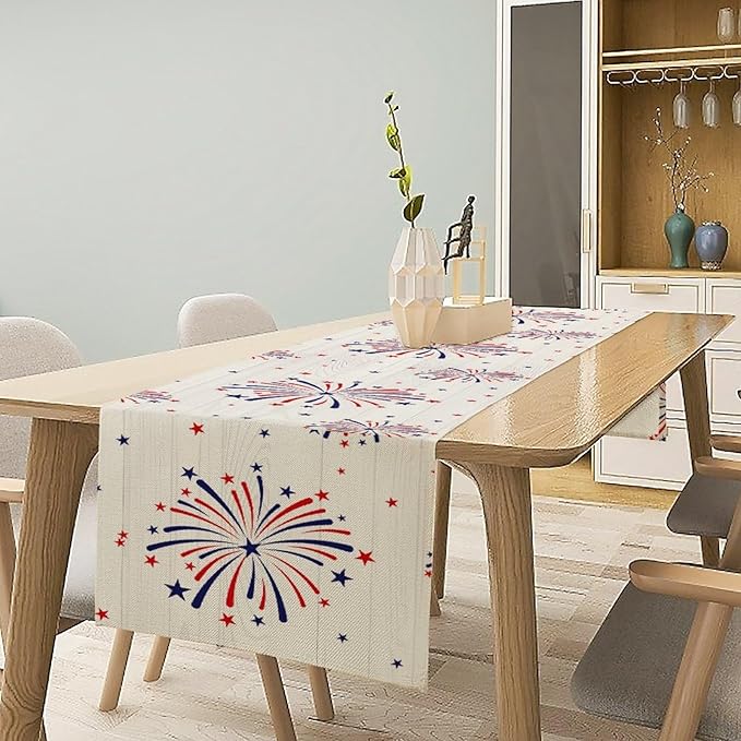 Fireworks Table Runner, 4th of July Patriotic Memorial Day American Independence Day Table Runner for Holiday Kitchen Dining Holiday 13x70in