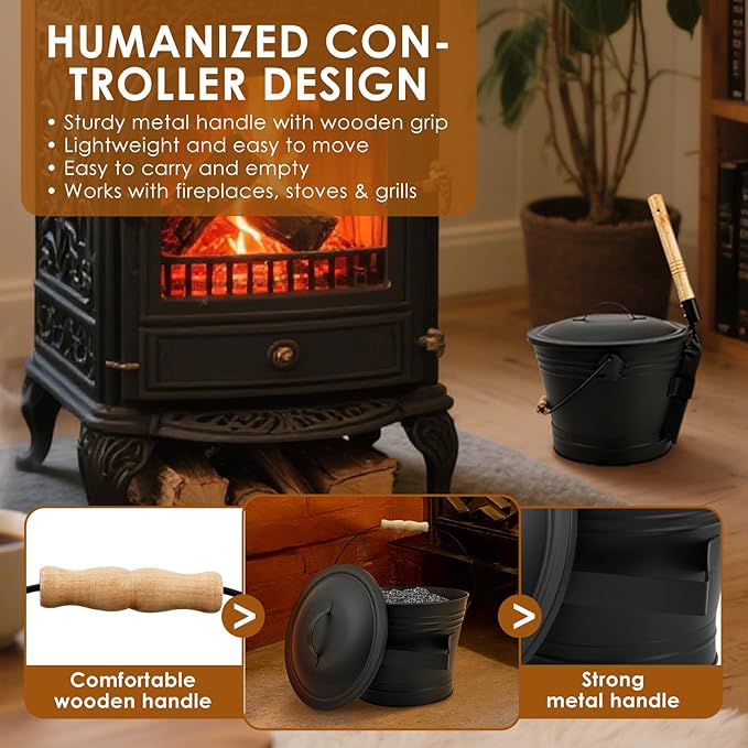 1.5 Gallon Ash Bucket with Lid and Shovel Broom Metal, Fireplace Ash Bucket, Complete Fireplace Tools Set for Fire Pit Grill Black(4 Pcs Set)