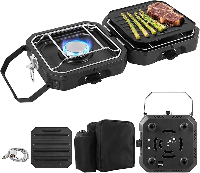 2 Burner Propane Camping Stove With Grill,Portable Foldable Camp Stove With 17000BTU, Two Piezo Ignition Adjustable Windproof Burners forCamping, Grilling, Tailgating, & More (Black)