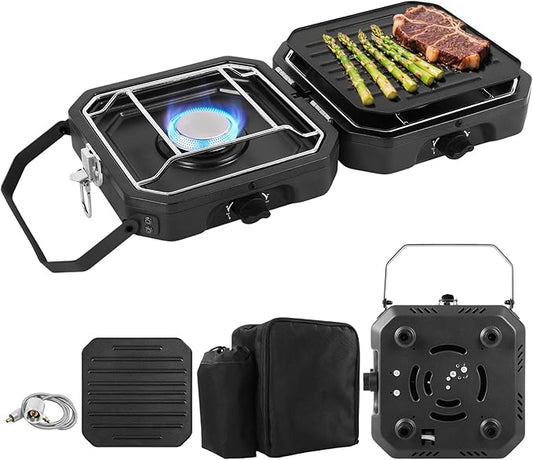 2 Burner Propane Camping Stove With Grill,Portable Foldable Camp Stove With 17000BTU, Two Piezo Ignition Adjustable Windproof Burners forCamping, Grilling, Tailgating, & More (Black)
