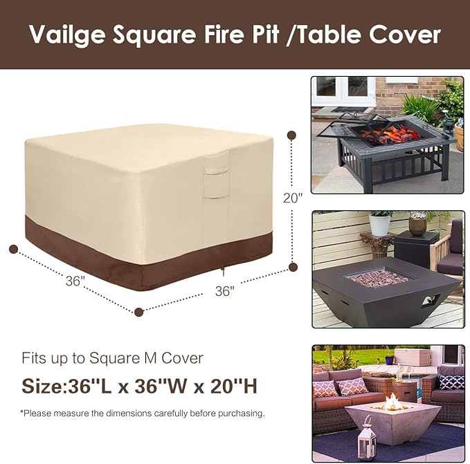 Vailge Fire Pit Cover Square,100% Waterproof Square Gas Firepit Table Cover,Outdoor Heavy Duty Lawn Patio Furniture Covers with Air Vent and Handle,36" L x 36" W x 20" H,Beige & Brown