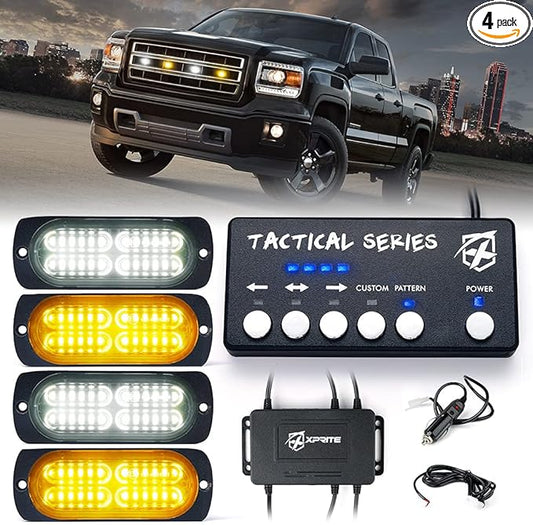 Xprite 24 LED Surface Mount Strobe Lights Kit with Control Panel, Grill Grille Side Marker Flashing Emergency Warning Light Assemblies for Trucks Vehicles ATV RV Cars Van Amber/White, 4PCS