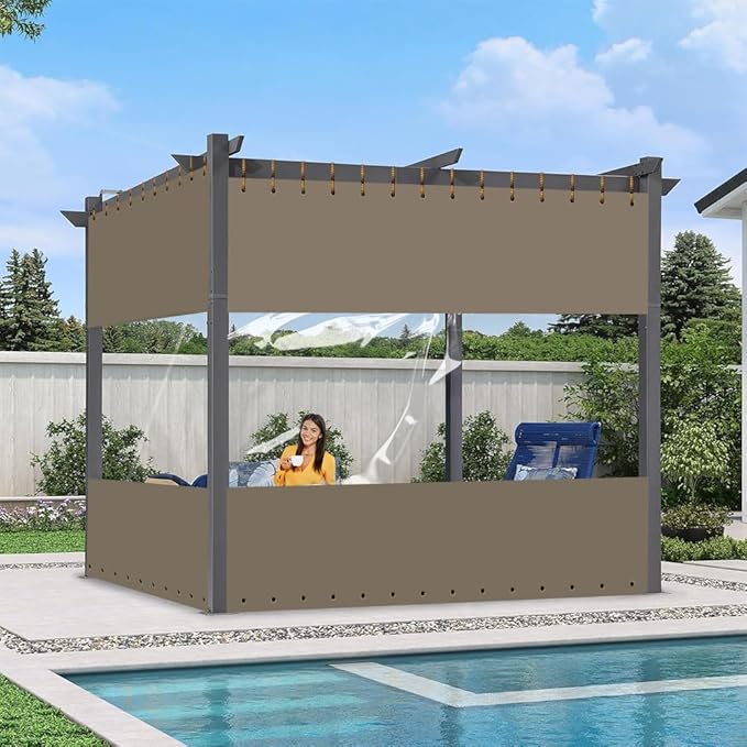 Covers & All Outdoor Clear Panel Curtain, 12 oz Vinyl Outdoor Curtains for Patio, Weather Resistant Waterproof Tarp with Brass Grommets for Pergola, Porch, Gazebos, Balcony (8'H x 12'W Feet, Beige)