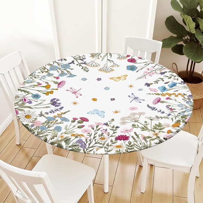 Spring Summer Floral Round Fitted Tablecloth with Elastic Wildflower Butterfly Circle Table Cloth for 40-44" Tables Wipeable Waterproof Farmhouse Easter Flowers Table Cover for Picnic Outdoor Dining