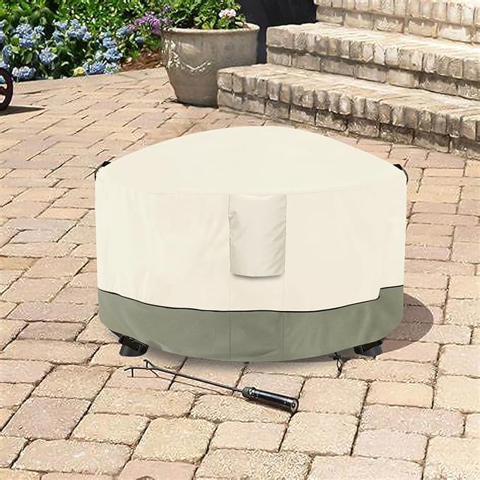 Fire Pit Cover,Outdoor Heavy Duty 600D 100% Waterproof Fire Pit Cover Round,Weatherproof Firepit Covers Round 36" Dia x 24" H,Beige
