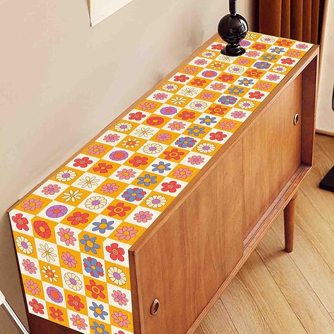 70s Table Runner, Retro Groovy Hippie Daisy Floral Colorful Checkered Funky Trippy Coffee Table Center Decor For Home Kitchen Dining Patio Holiday Party Indoor Outdoor Table Decorations, 13"x108" Inch
