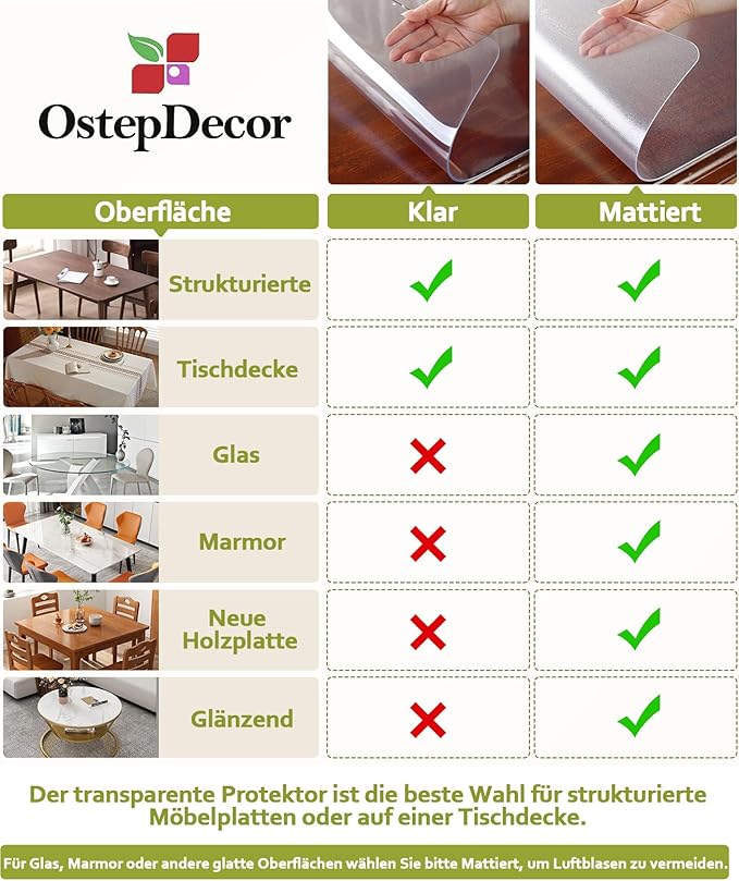 OstepDecor Clear Table Protector 42 x 108 Inch, 2mm Thick Plastic Table Cover, Waterproof PVC Clear Table Cover Protector, Desk Protector Mat, Writing Desk Pad for Desktop, Coffee & Dining Room Table