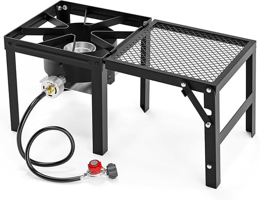 Bonnlo Single Burner Propane Stove with Foldable Side Shelf, 75000BTU Portable Propane Burner with Adjustment Regulator, Gas Stove for Outdoor Camping Patio Cooking Turkey Frying Seafood Boiling