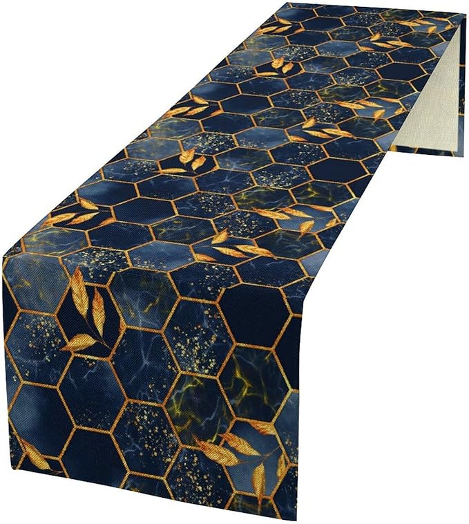 Marble Table Runner, Dark Blue Gold Modern Marble Leaf Aesthetic Geometric Table Runner for Indoor Home Living Room Party Dining Kitchen 13x70in
