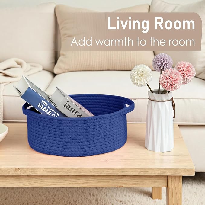 Woven Basket,Small Rope Storage Bin with Handles & Ribbon Bag, Organizer for Shelves Closets,Gift Basket Empty for Birthday,Books,Dog Toys, Navy Blue/3 Pack