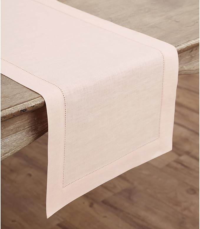 Solino Home Linen Pink Table Runner 132 Inches Long - 100% Pure Linen Extra Long Table Runner 14 x 132 Inch for Valentines, Spring, Easter - Classic Hemstitch