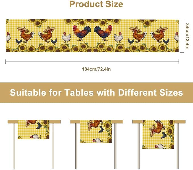 Farm Rooster Table Runner, Retro Western Farmhouse Chicken Sunflower Retro Yellow Buffalo Grid Print Table Runner for Dinning Holiday Party Indoor Outdoor Decor, 13x60inch