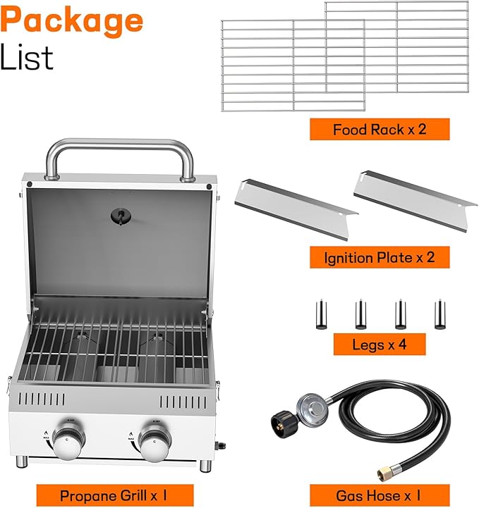 Veralune 2 Burner Tabletop Gas Grill, 20,000 BTUs Stainless Steel Portable Propane Grill with Legs, Built-in Thermometer, Travel Locks for Tailgating, Outdoor, Camping, RV Trips