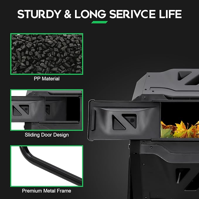 F2C Compost Bin Outdoor 43 Gallon Garden Dual Chamber Composter Bin - Bundled with Pearson's Gardening Gloves，BPA Free, Heavy-Duty Steel Frame, Rotating Tumbler with Sliding Doors | (Black)
