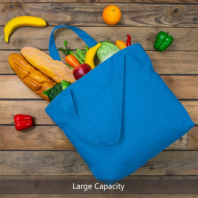 TOPDesign 6-Pack Canvas Tote Bags with an External Pocket, Reusable Grocery Shopping Bags, Top Zipper Closure, Daily Essentials (Ocean Blue)